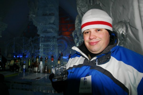 Jahan having a drink at the ice hotel