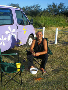 Cooking tea at Kalamia beach