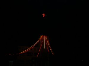 church at night around Christmas