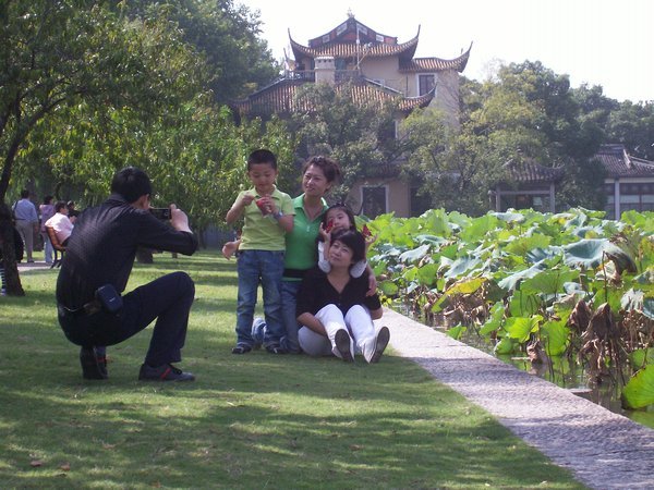 family by lake