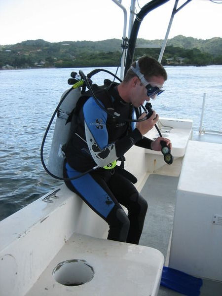 Kevin getting ready to make the plunge off the dive boat!