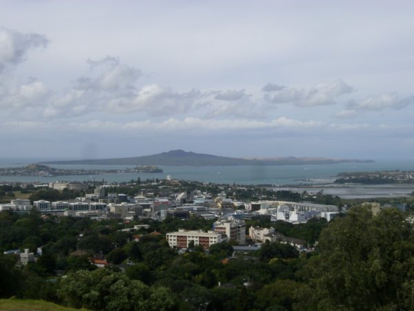 The view out across the harbour from Mt Eden