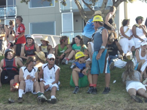 some people gettting ready for a three legged pub crawl in Paihi