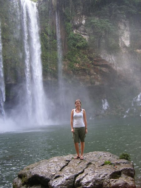 In front of the waterfall near Palenque..