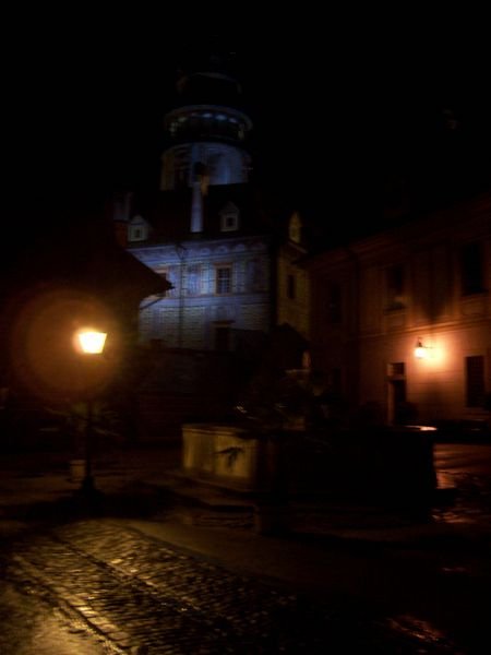the castle tower at night