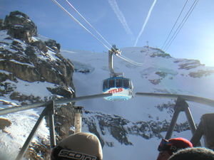 Riding in a gondola up Mt. Titlis