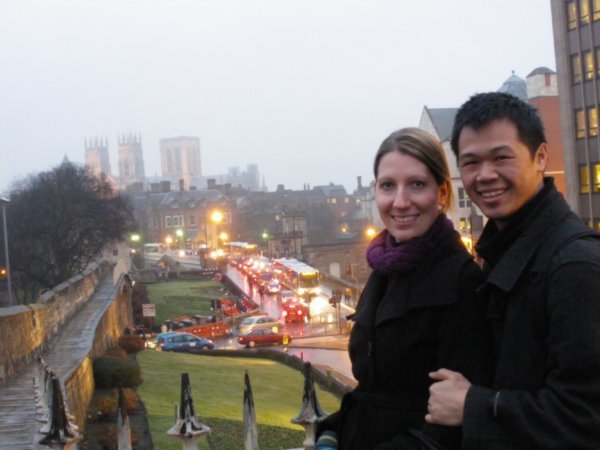 Standing on the city walls, York Minster in the background
