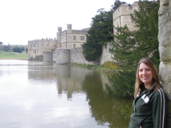 Bri outside Leeds Castle, surrounded by the moat