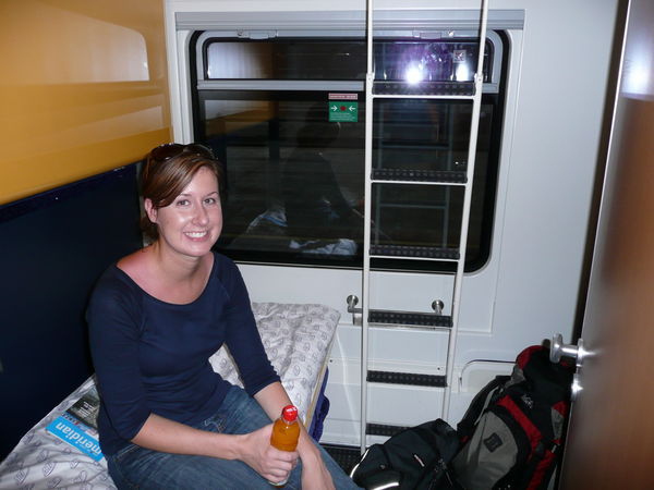 Nicole on night train in Munich