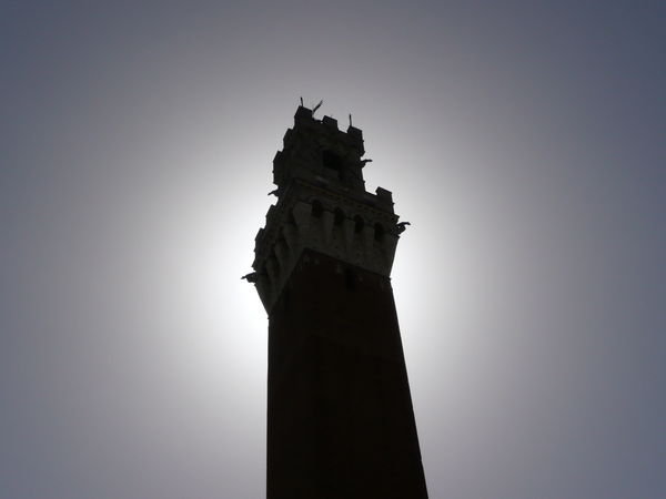 Bell tower eclipsing the sun in Siena