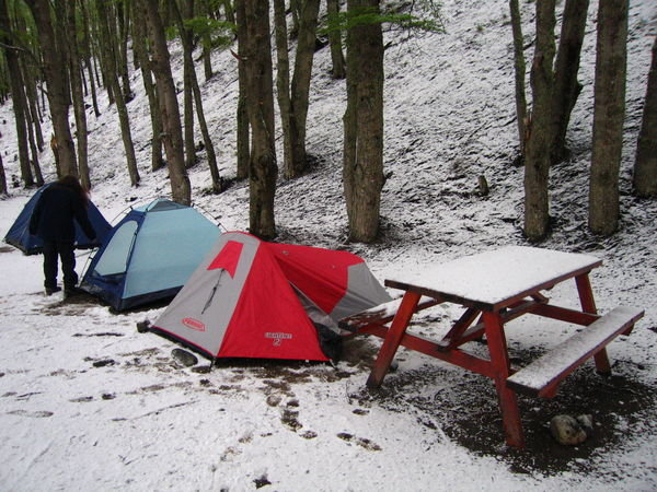 A snowy campsite