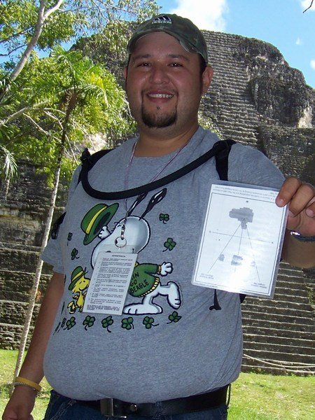 Pablo showing the equinox temple design (Tikal)