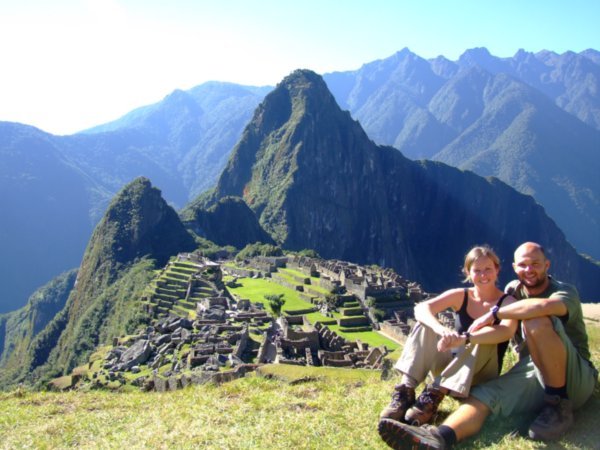 The honeymoon couple above Machu Picchu with Wayna Picchu in the background