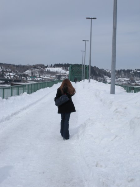 Krista walking across the bridge to nowhere