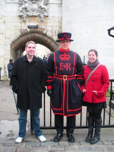 at the Tower of London with a Beefeater
