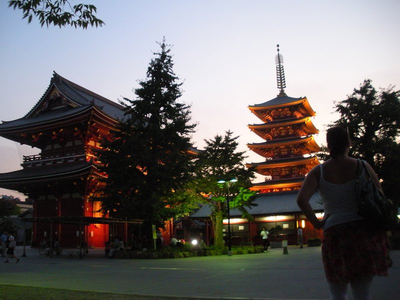looking at the temples in Asakusa at sunset