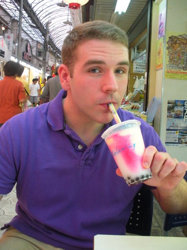 enjoying a crazy Japanese milkshake