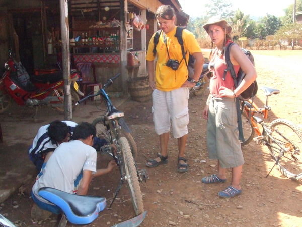 Jem's bike pedal incident on the way to the blue lagoon - Vang Vieng, Laos