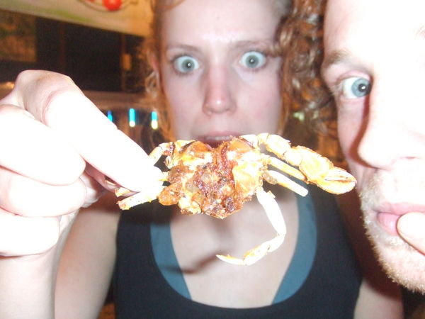 Sam and Luce tuck into deep fried crab!