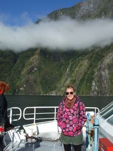 Jem on our boat tour around Milford Sound