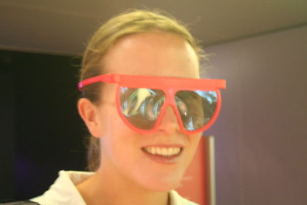 Claire wearing 3D glasses, Immigration Museum, Melbourne