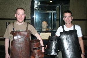 Tom and Julian in Ned's armour, Melbourne Gaol