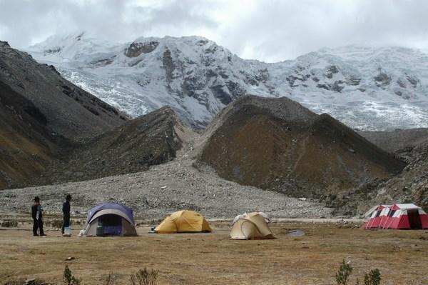 Basecamp and cleaved moraine in Ishinca Valley
