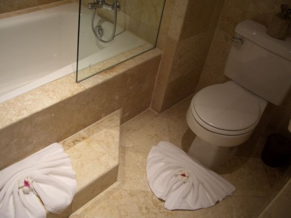 very spacious bathroom with nicely decorated floor towel