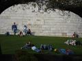 People relax on the lawn at the Getty Center