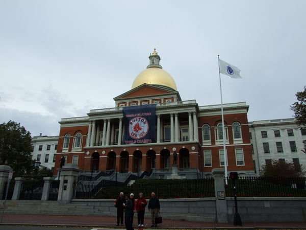 The state house with Red Socks banner