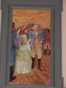 A painting of Washington at a wedding in New Castle.