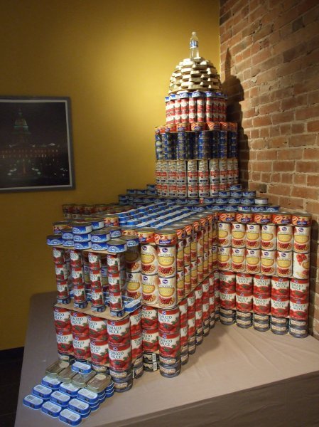 A model capitol made of canned food.