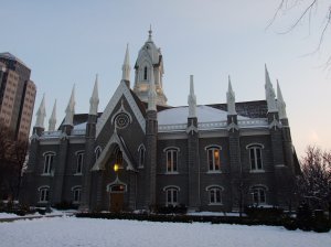 One of the buildings in the Temple Square.