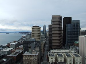Downtown Seattle from Smith Tower, with the Space Needle in the center.
