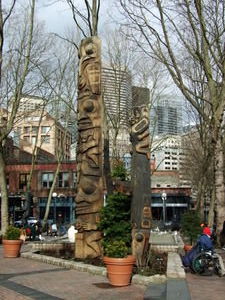 Totem poles in Pioneer Square.