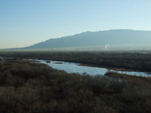 The Rio Grande and some mountains in the background.