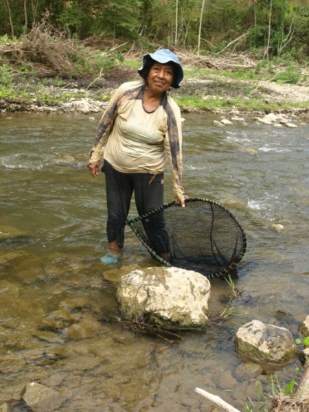 Woman catching little fish with net and hands