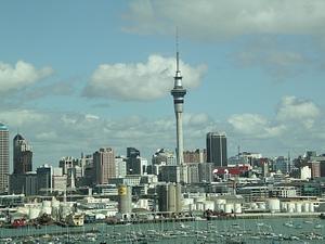 Auckland city with prominent Sky Tower