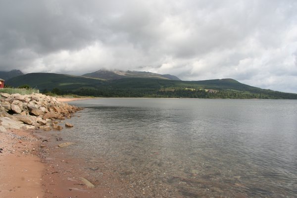 Beach at brodick looking out to Goat Fell (hidden behind cloud)
