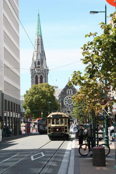 Tram lined street leading to Cathedral Sq
