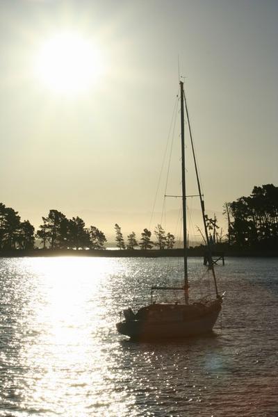 Yacht moored in the Cut at sunset, Nelson