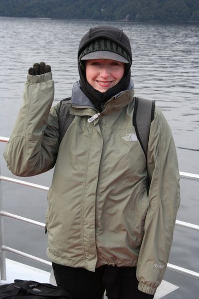 Shaz feels the cold on Lake Manapouri, on the way to Doubtful Sound