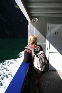 Shaz watching for the waterfalls, Milford Sound