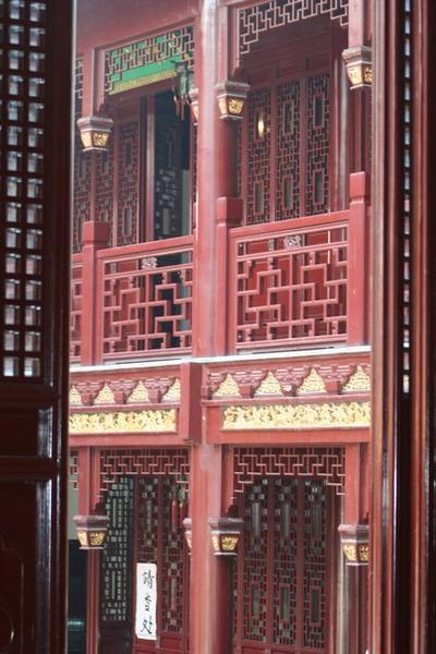 Fancy woodwork in the main courtyard of the Chinese temple