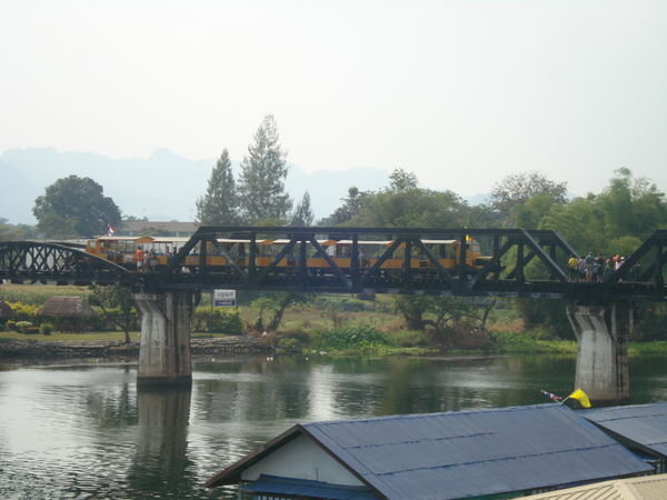 A train actually going across the bridge