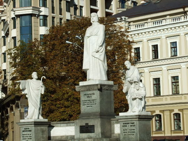 Statues to three Kievan Saints, in the courtyard of Mihailovskii Monastery.