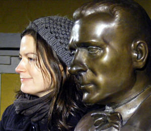 Helen and a statue of writer Mikhail Bulgakov.