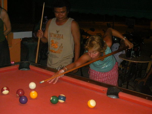 playing pool in jeni's bar