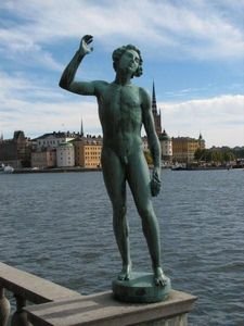 Statue at Town hall, with Gamla Stan in the background