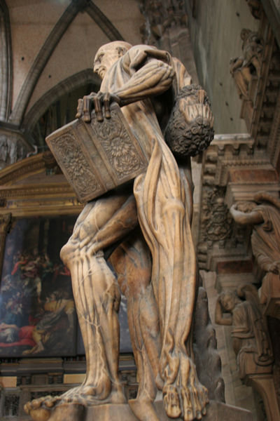 The statue of a flayed St. Bartholomew wearing his skin.